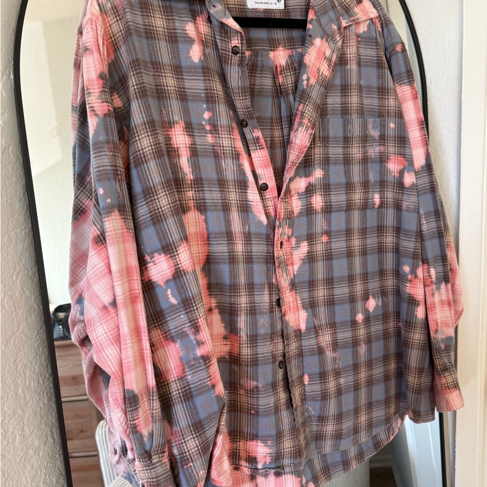 Plaid Button-Up Shirt with Pink Accents